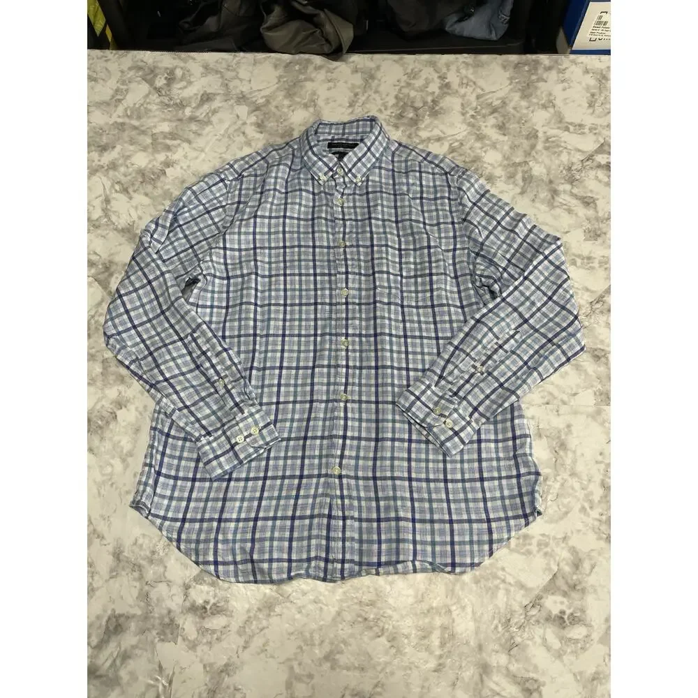 Preppy Linen Banana Republic Camden Standard Fit Button Down Shirt L Blue Plaid